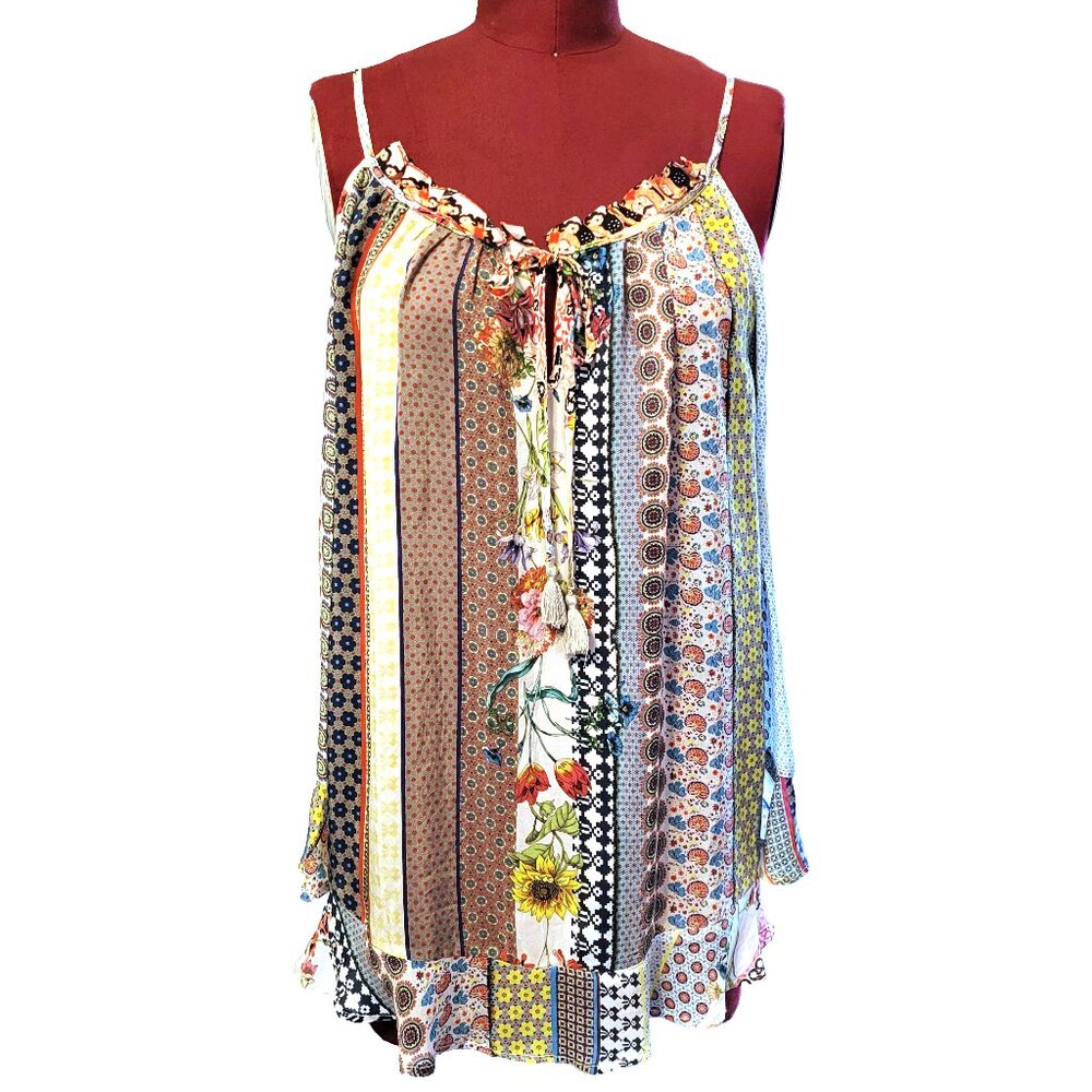 Johnny Was Garden Cold Shoulder Top Multicolor Floral Stripe Small